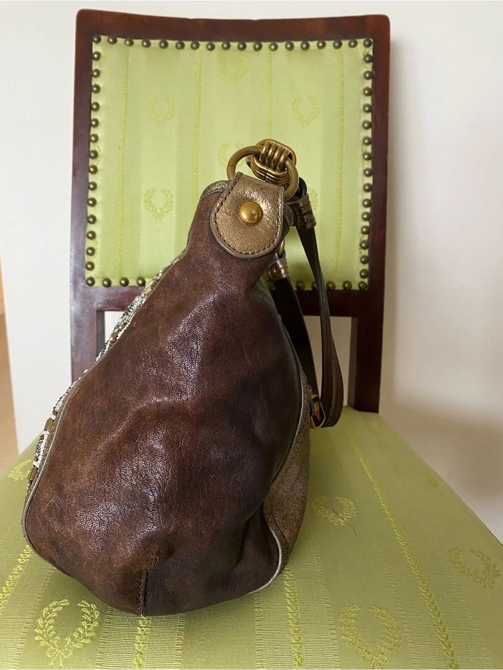 Isabella Fiore VTG Beaded Leather Hobo Shoulder Bag Brown Boho Metallic Art Deco